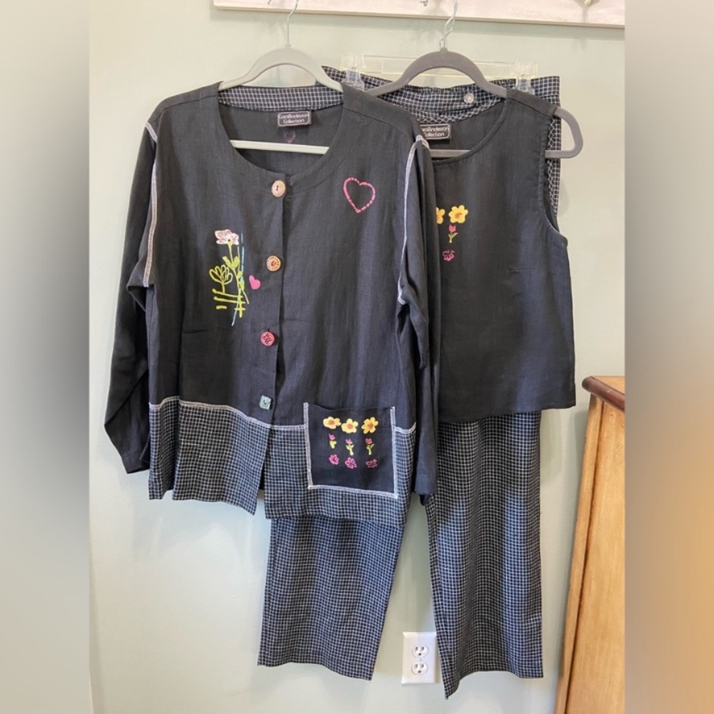 Black Floral Print Linen Three-Piece Set Size S
